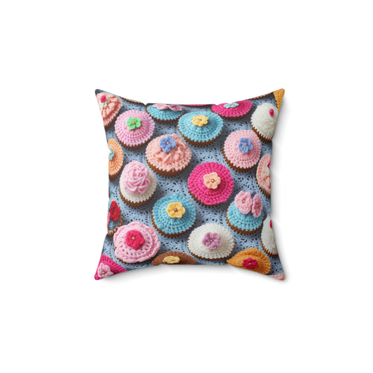 Crochet Cupcake Treat Frosted Cake Dessert Bakery Design - Spun Polyester Square Pillow