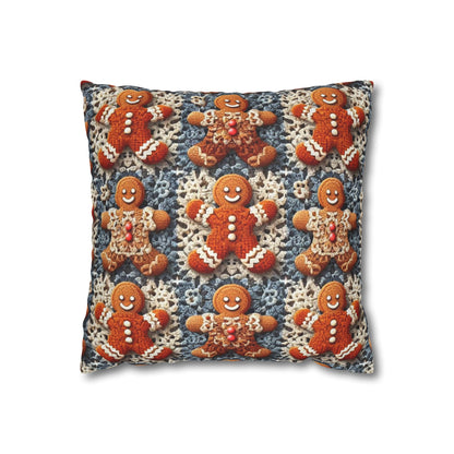 Gingerbread Joy: Whimsical Crocheted Gingerbread Men Pattern with Festive Christmas Accents - Spun Polyester Square Pillow Case