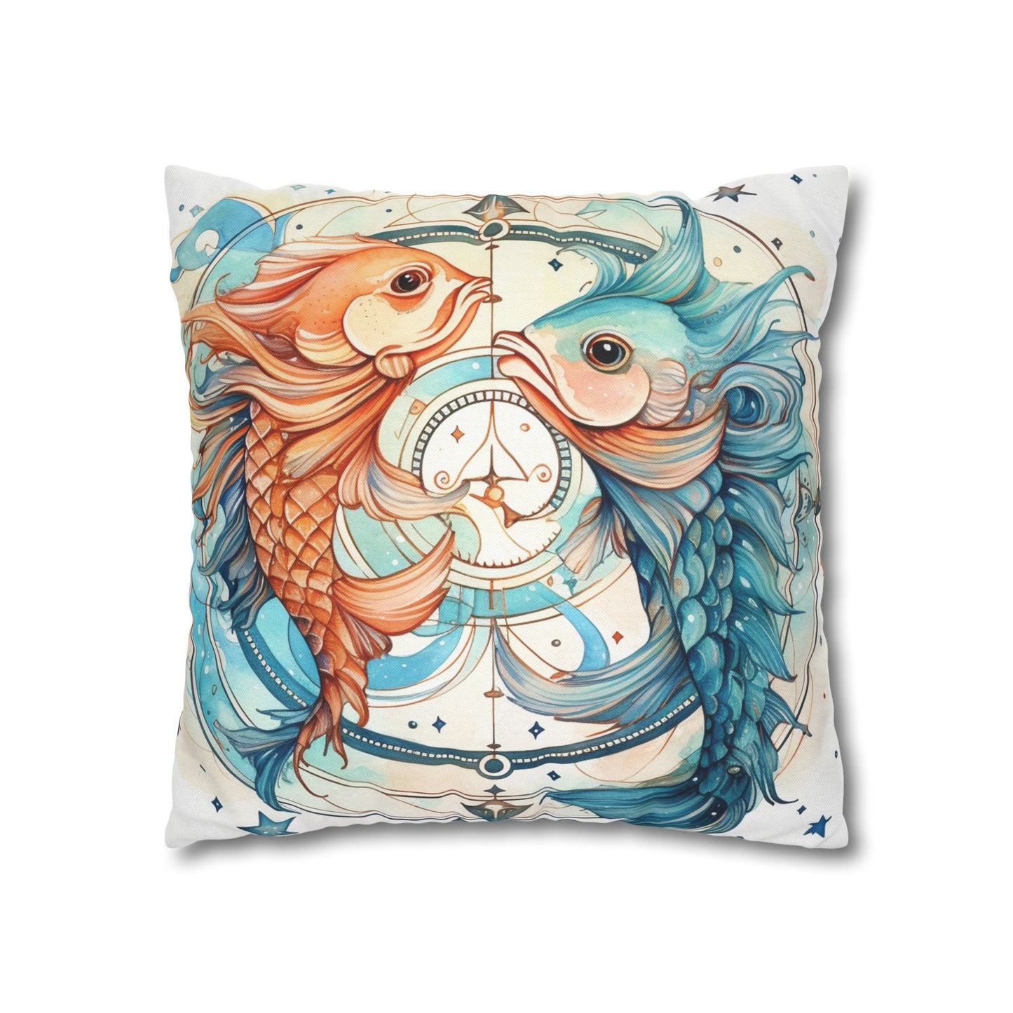 Pisces Zodiac Horoscope - Starry Watercolor & Ink, Hyper-Detailed Fish Spun Polyester Square Pillow Case