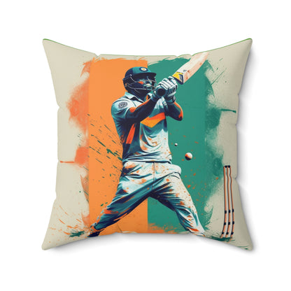 Cricket Batsman, Ball Strike, Indian Flag Color Background - Street Style - Spun Polyester Square Pillow