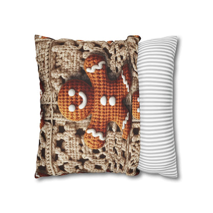 Rustic Gingerbread Delights: Christmas Crochet Gingerbread Men on Classic Beige Granny Squares - Spun Polyester Square Pillow Case