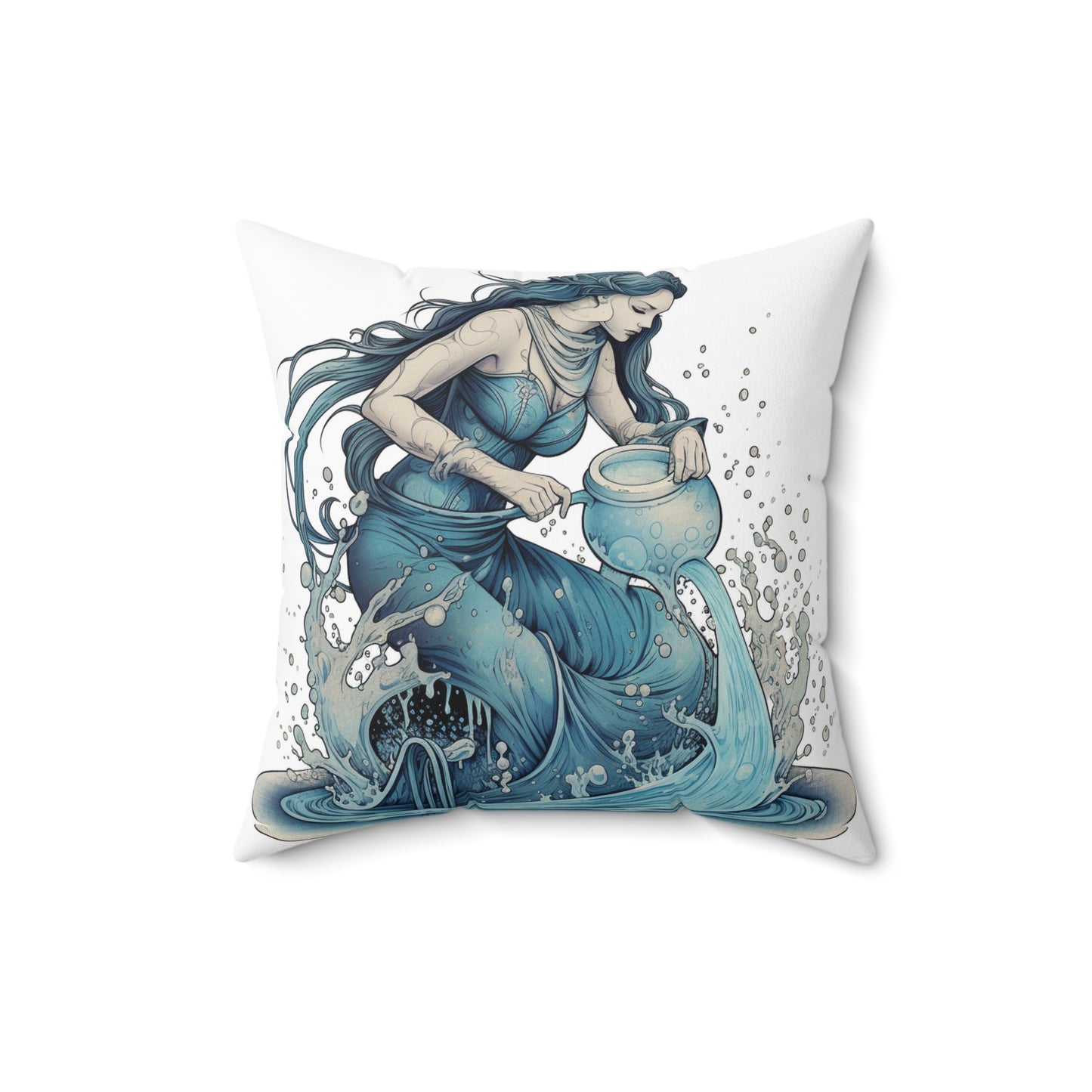 Aquarius Zodiac Symbol - Girl Pouring Water, Hand-Drawn Style - Spun Polyester Square Pillow