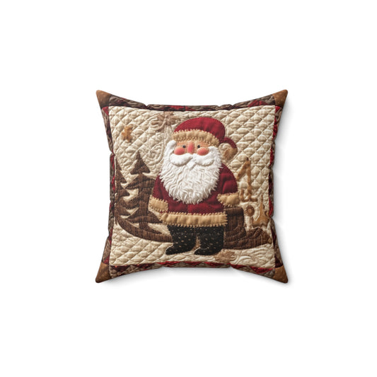 Santa Claus Christmas Farmhouse Quilt: Cozy with Checkered Borders - Spun Polyester Square Pillow