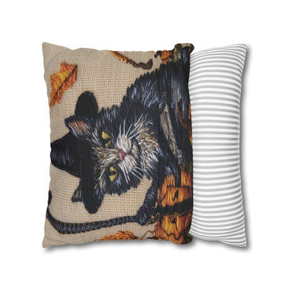 Halloween Cat Magic: Embroidered Style Feline with Pumpkins & Witch Hat - Spun Polyester Square Pillow Case