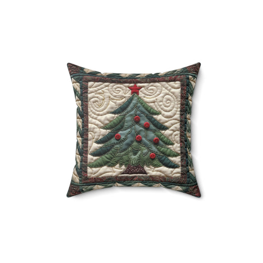 Christmas Tree Quilt Art - Cottagecore Festive Charm - Nostalgic Grandmillennial Style - Vintage Inspired Holiday Decor - Spun Polyester Square Pillow