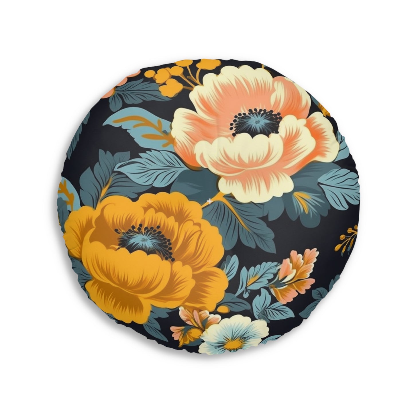 Vintage 50s 60s Inspired High-Waisted Floral Flower Pattern Tufted Floor Pillow, Round