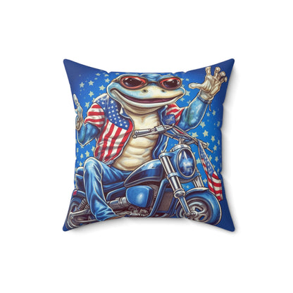 Frog Motorcycle Rider 4th of July USA Patriotic American Graphic Spun Polyester Square Pillow