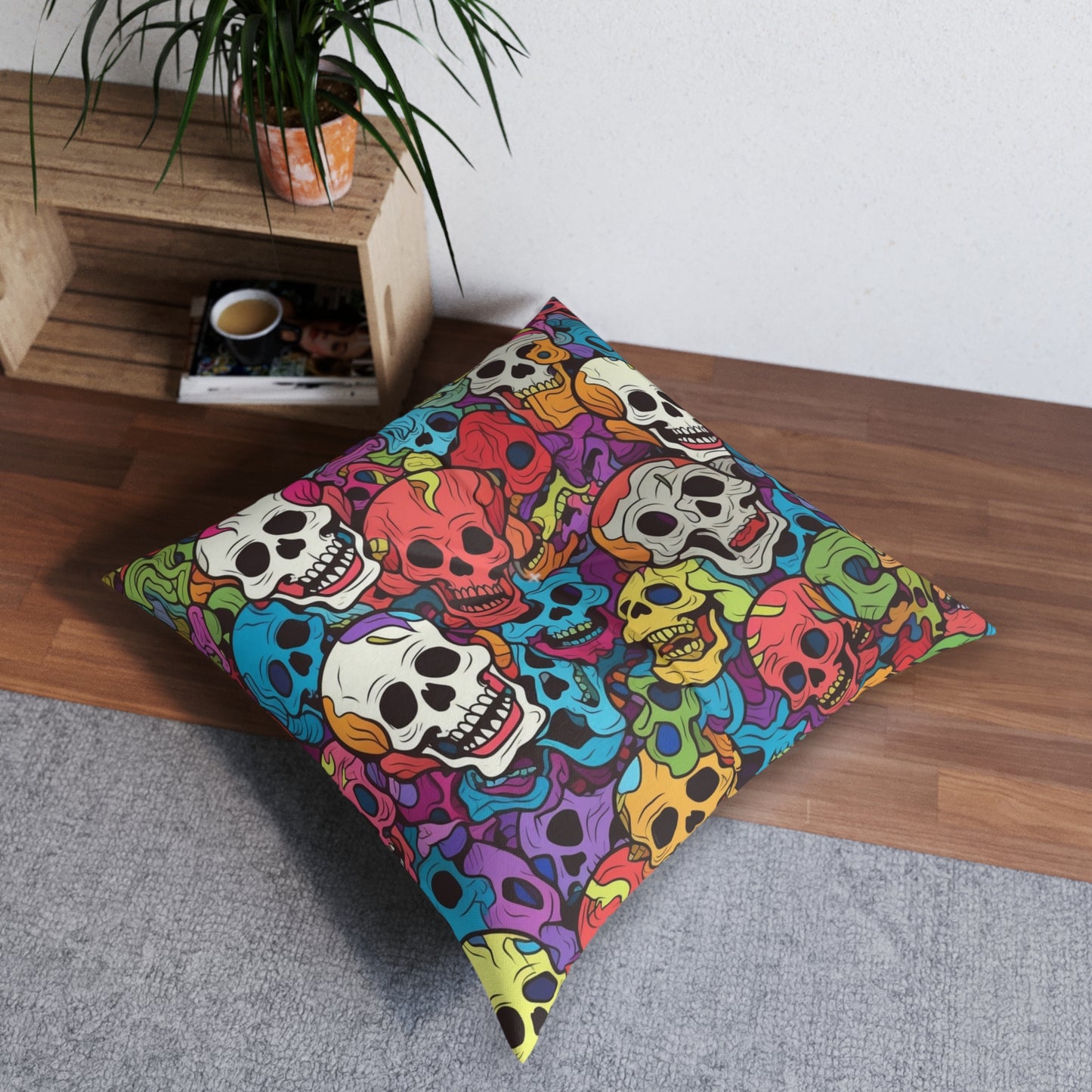 Psychedelic Rainbow Skull Head Pattern, Vibrant Colors - Tufted Floor Pillow, Square