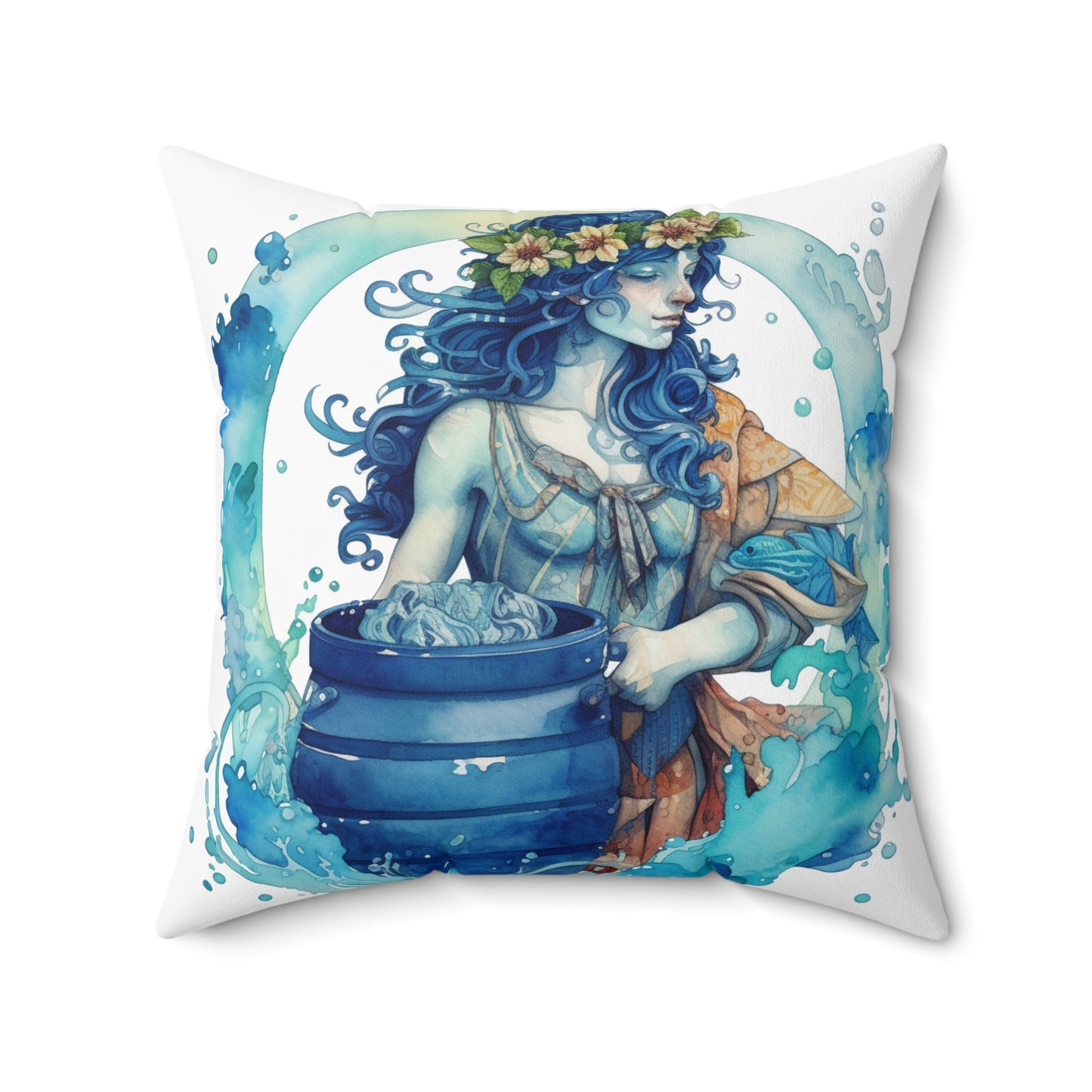 Artistic Aquarius Zodiac - Watercolor Water-Bearer Depiction - Spun Polyester Square Pillow