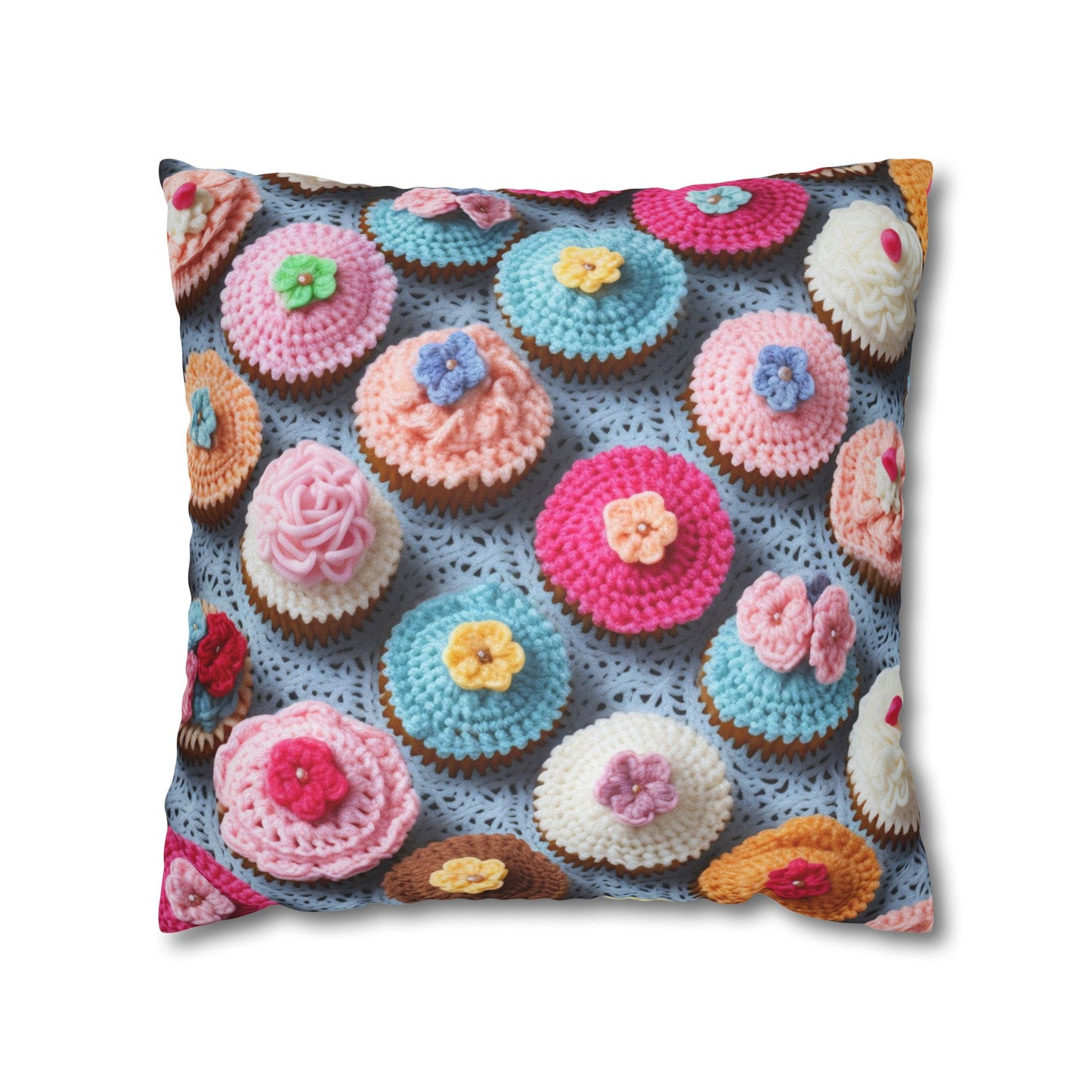 Crochet Cupcake Treat Frosted Cake Dessert Bakery Design - Spun Polyester Square Pillow Case