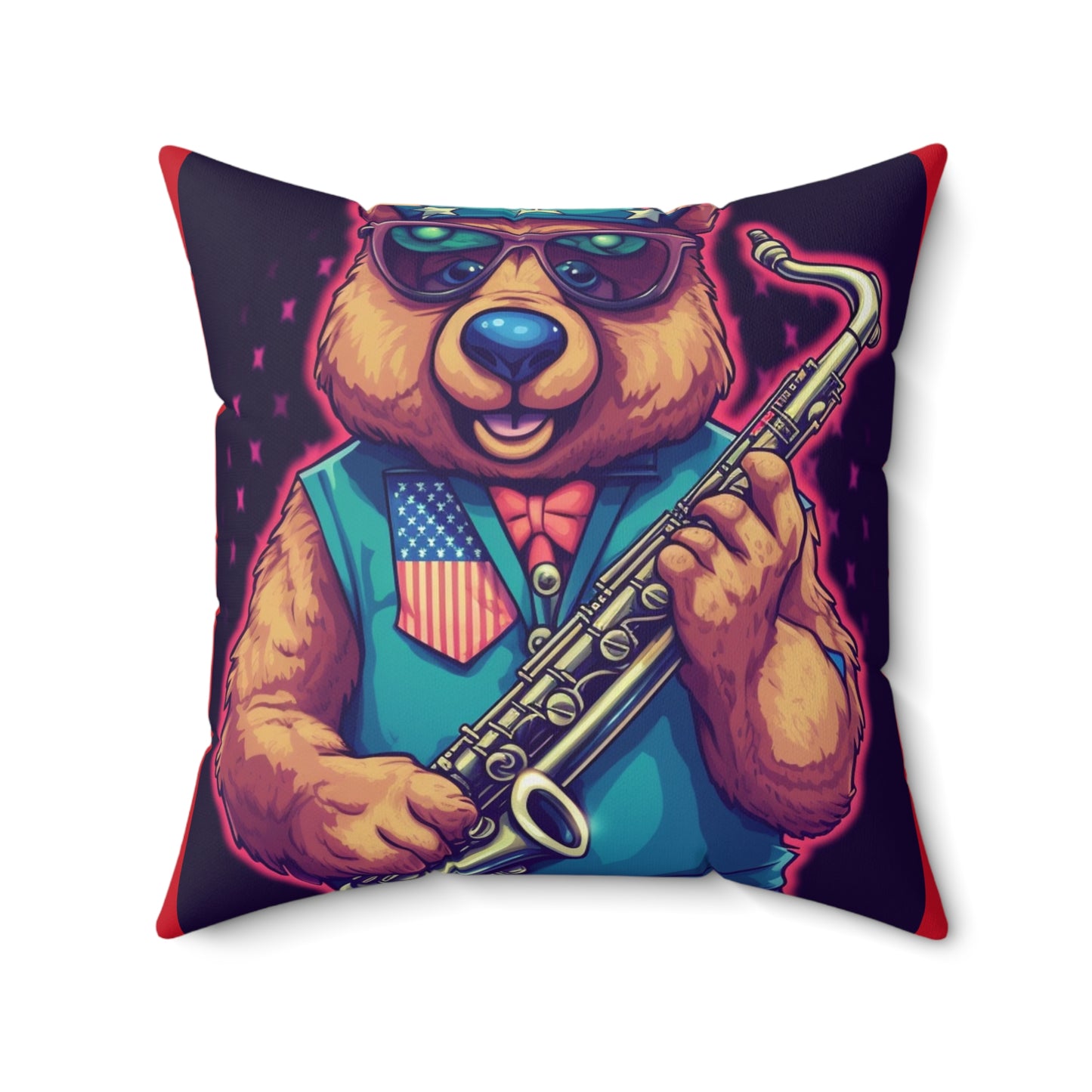 Jazz Stars and Stripes: Celebrate 4th of July with the Patriotic Bear's Saxophone Spun Polyester Square Pillow