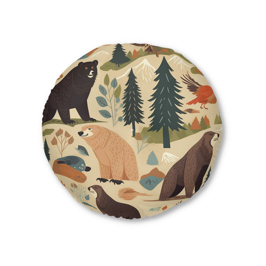 U.S. Wilderness Inspired: Grizzly Bears, Animals Pattern Tufted Floor Pillow, Round