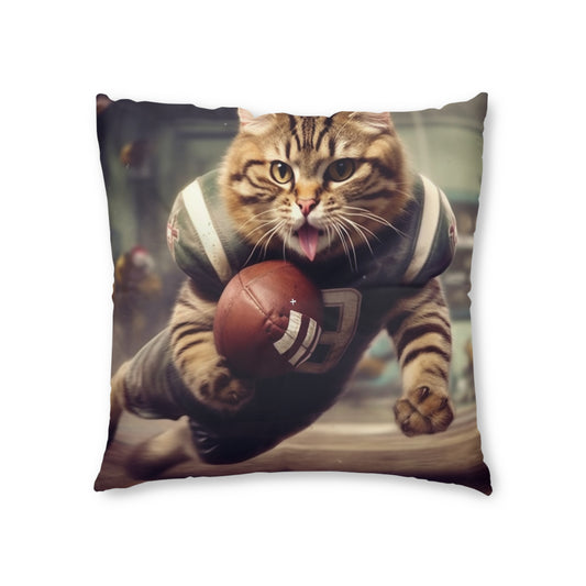 Football Field Felines: Kitty Cats in Sport Tackling Scoring Game Position - Tufted Floor Pillow, Square