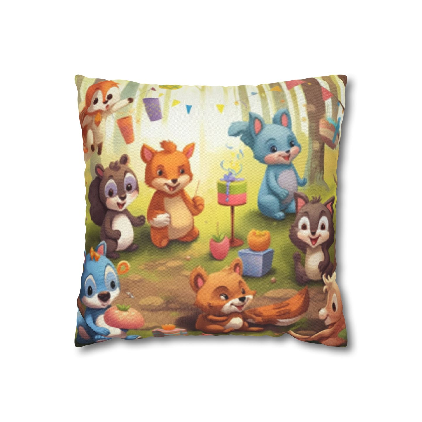 Nursery Art - Cartoon Forest Animals Party Design Spun Polyester Square Pillow Case