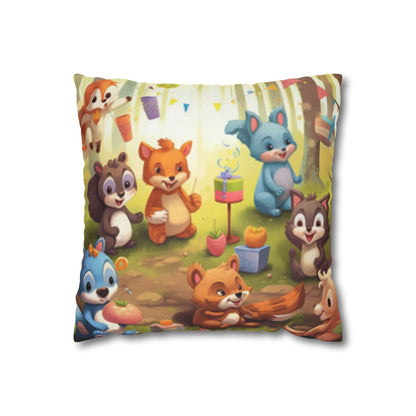 Nursery Art - Cartoon Forest Animals Party Design Spun Polyester Square Pillow Case