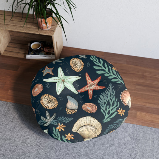 Seashells & Starfish Marine-Inspired Pattern Tufted Floor Pillow, Round