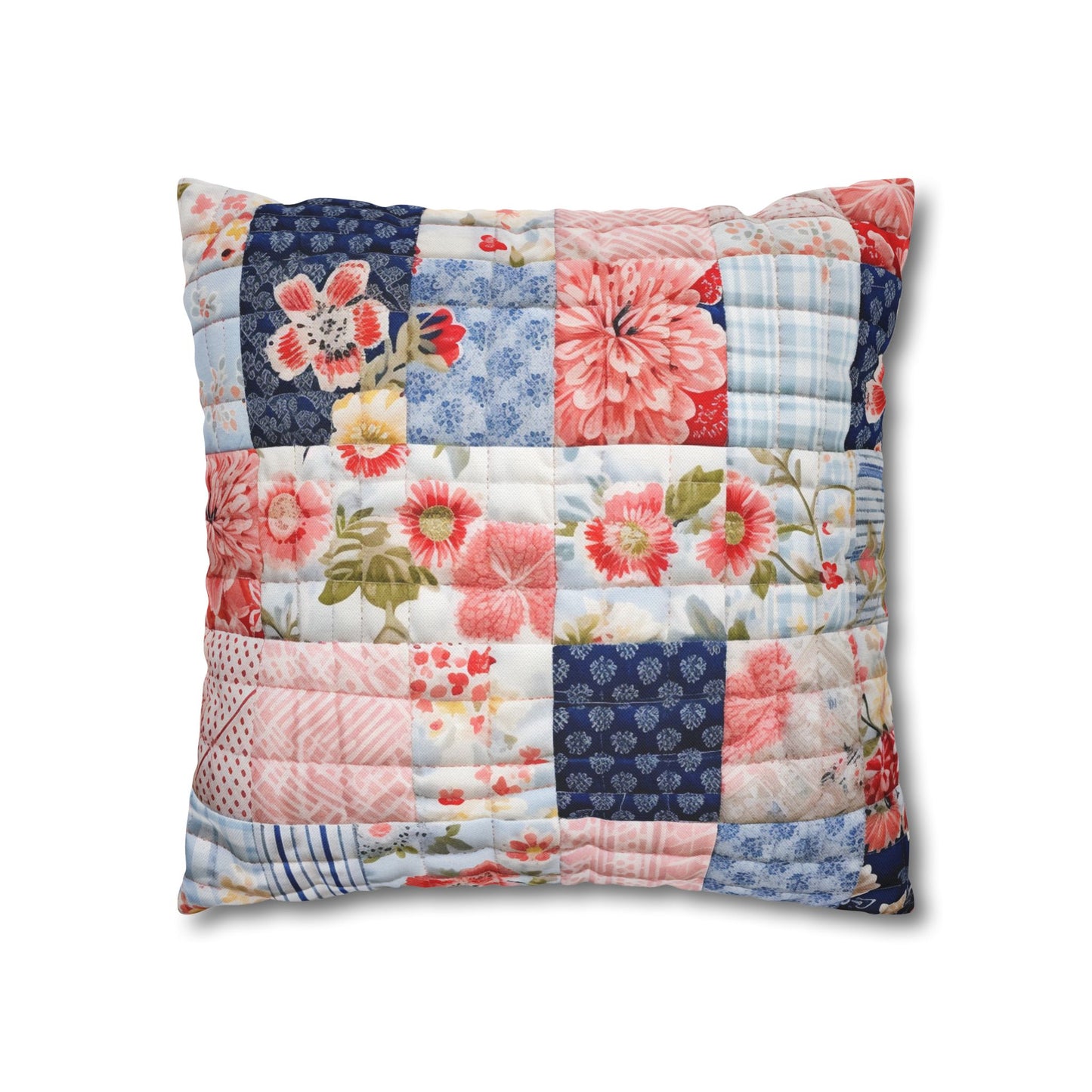 Floral Harmony Quilt, Blossom Patchwork, Blue and Pink Quilted Patterns, Garden Quilt, Soft Pastel Quilting Squares Design - Spun Polyester Square Pillow Case