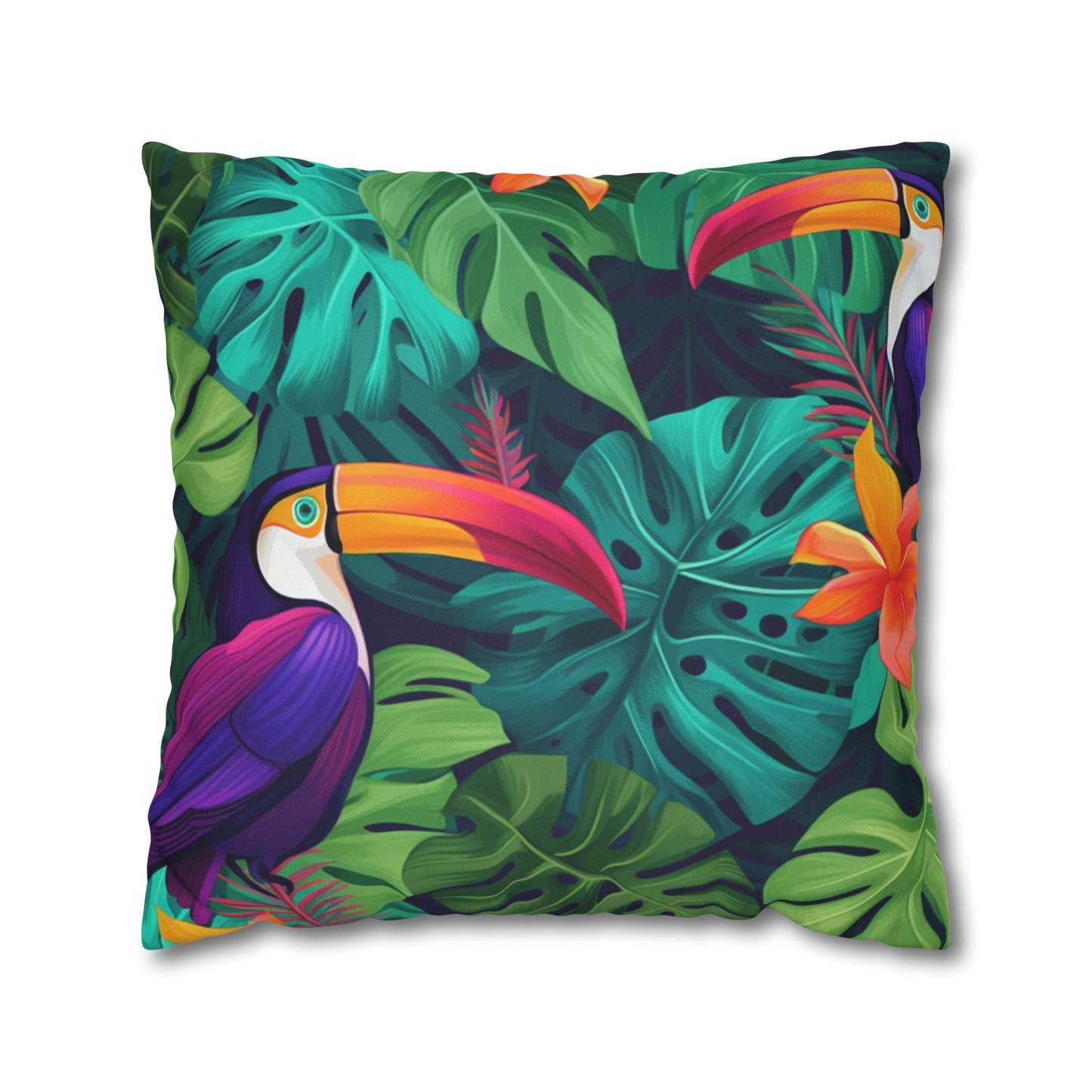 Vivid Tropical Birds & Leaves - Seamless Pattern Spun Polyester Square Pillow Case