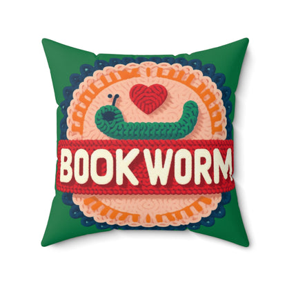 Crochet Bookworm Illustration: Cozy Reader Embroidered Patch Design - Ideal for Bibliophile - Spun Polyester Square Pillow