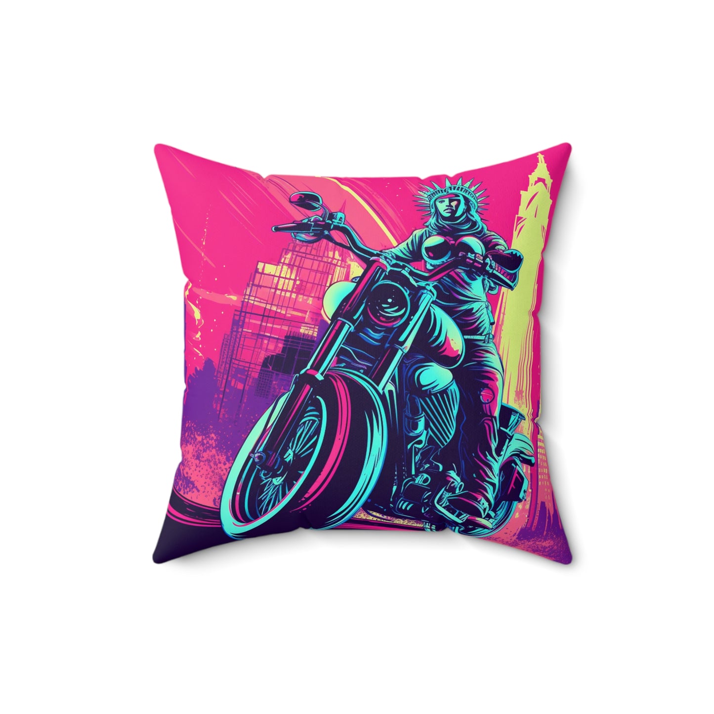 Statue of Liberty Motorcycle Biker USA Style Spun Polyester Square Pillow