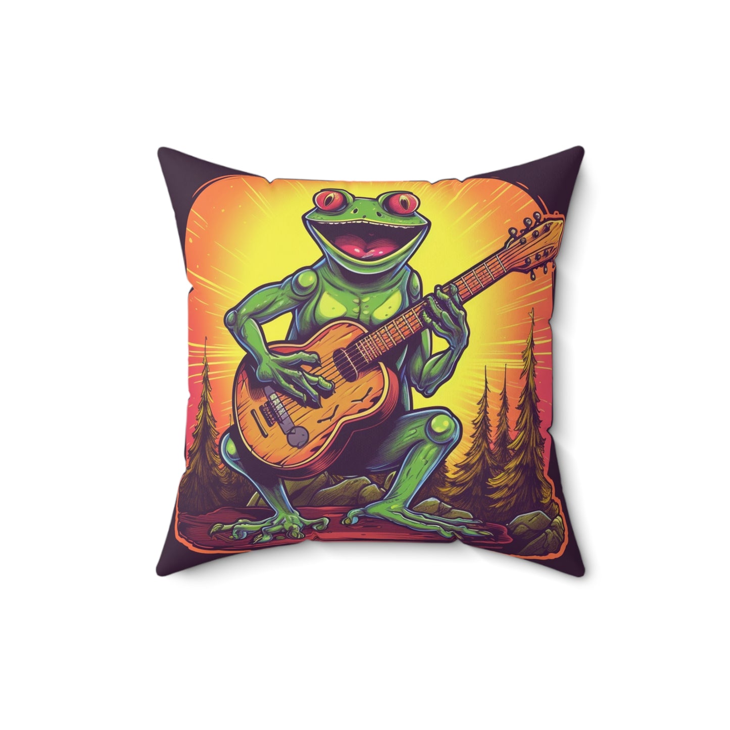 Classic Frog ontop a log Style Guitar Playing Musician Spun Polyester Square Pillow