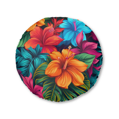 Hawaiian-Inspired Tropical Floral Pattern Design Tufted Floor Pillow, Round