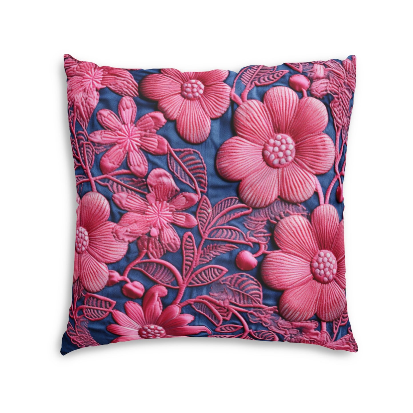 Denim Blue Doll Pink Floral Embroidery Style Fabric Flowers - Tufted Floor Pillow, Square