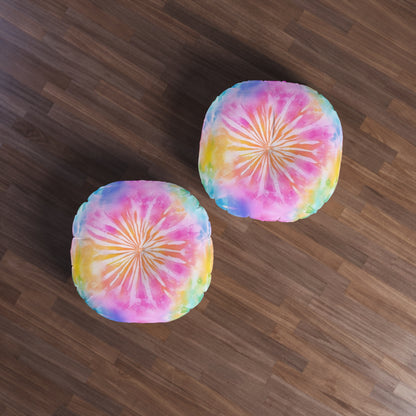 Boho Beach Vibe Pastel Hues Tie-Dye Pattern Design Tufted Floor Pillow, Round