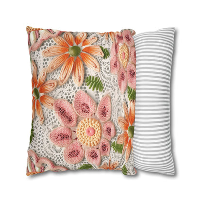 Floral Embroidered Eyelet: Delicate Flower Elegant Pattern - Spun Polyester Square Pillow Case