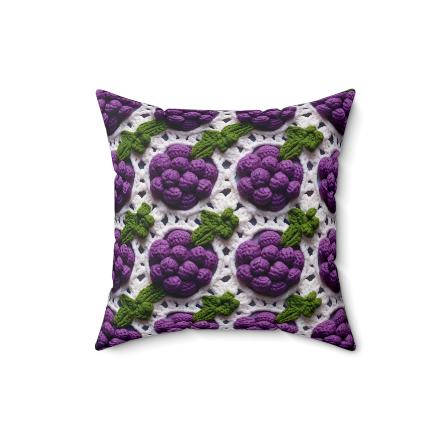 Crochet Grapes Pattern - Granny Square Design - Fresh Fruit Pick - Orchard Purple Snack Food - Spun Polyester Square Pillow