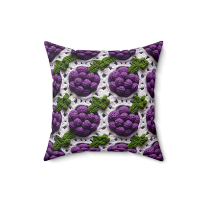 Crochet Grapes Pattern - Granny Square Design - Fresh Fruit Pick - Orchard Purple Snack Food - Spun Polyester Square Pillow