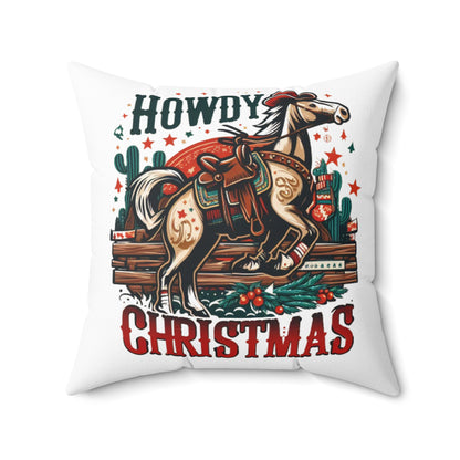 Old West Holiday Cheer - Cowboy Christmas with Festive Wreath and Star-Spangled Horse - Spun Polyester Square Pillow