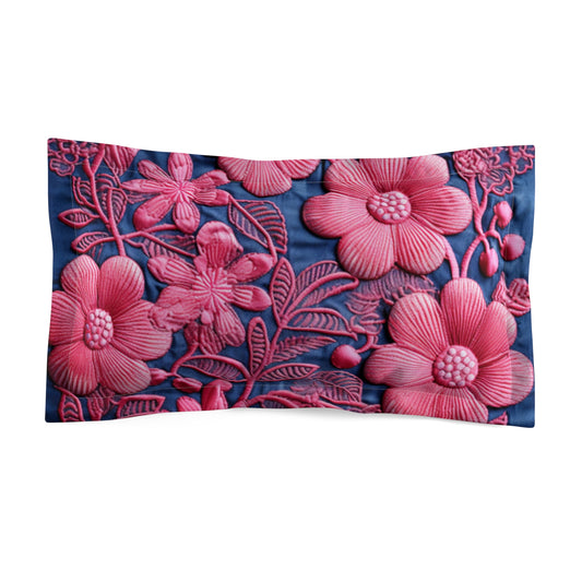 Denim Blue Doll Pink Floral Embroidery Style Fabric Flowers - Microfiber Pillow Sham