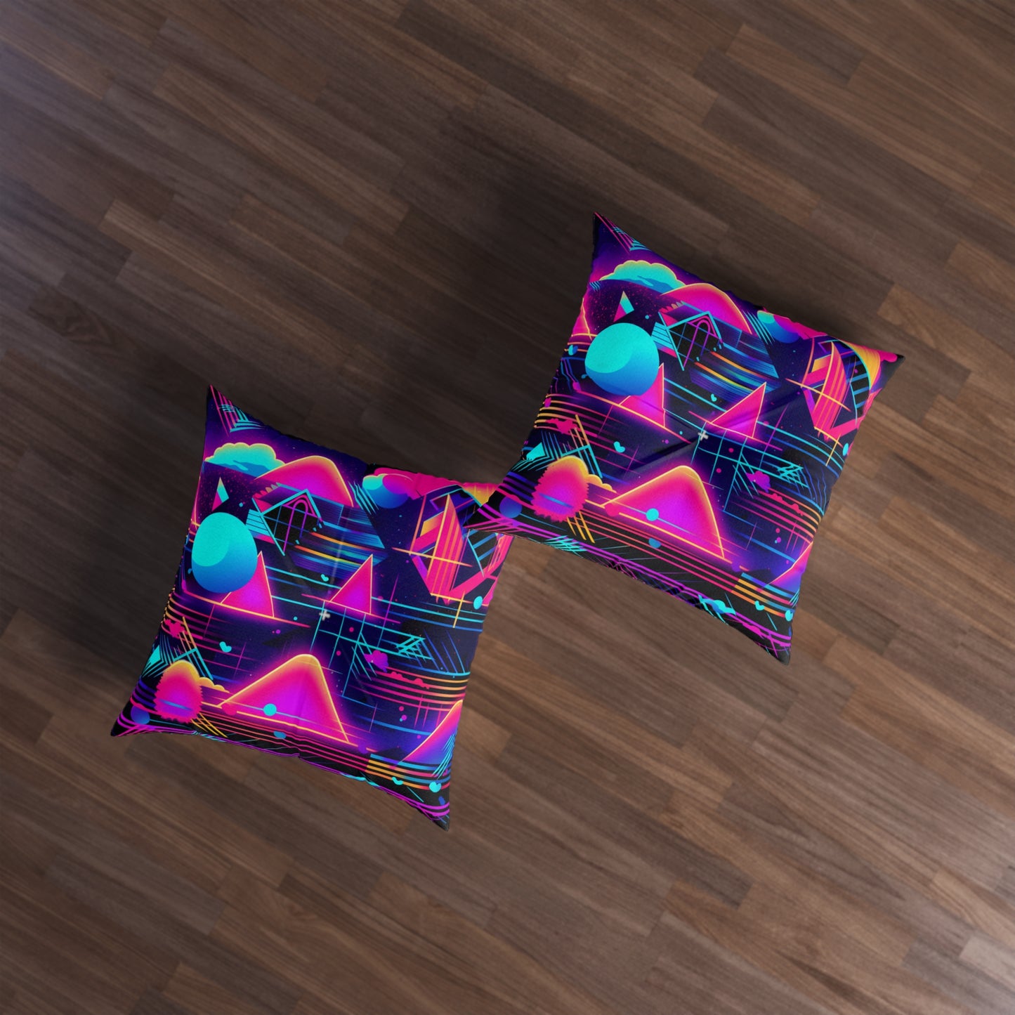 80s Synthwave Retro-Futuristic Inspired Pattern Design Tufted Floor Pillow, Square