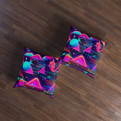 80s Synthwave Retro-Futuristic Inspired Pattern Design Tufted Floor Pillow, Square