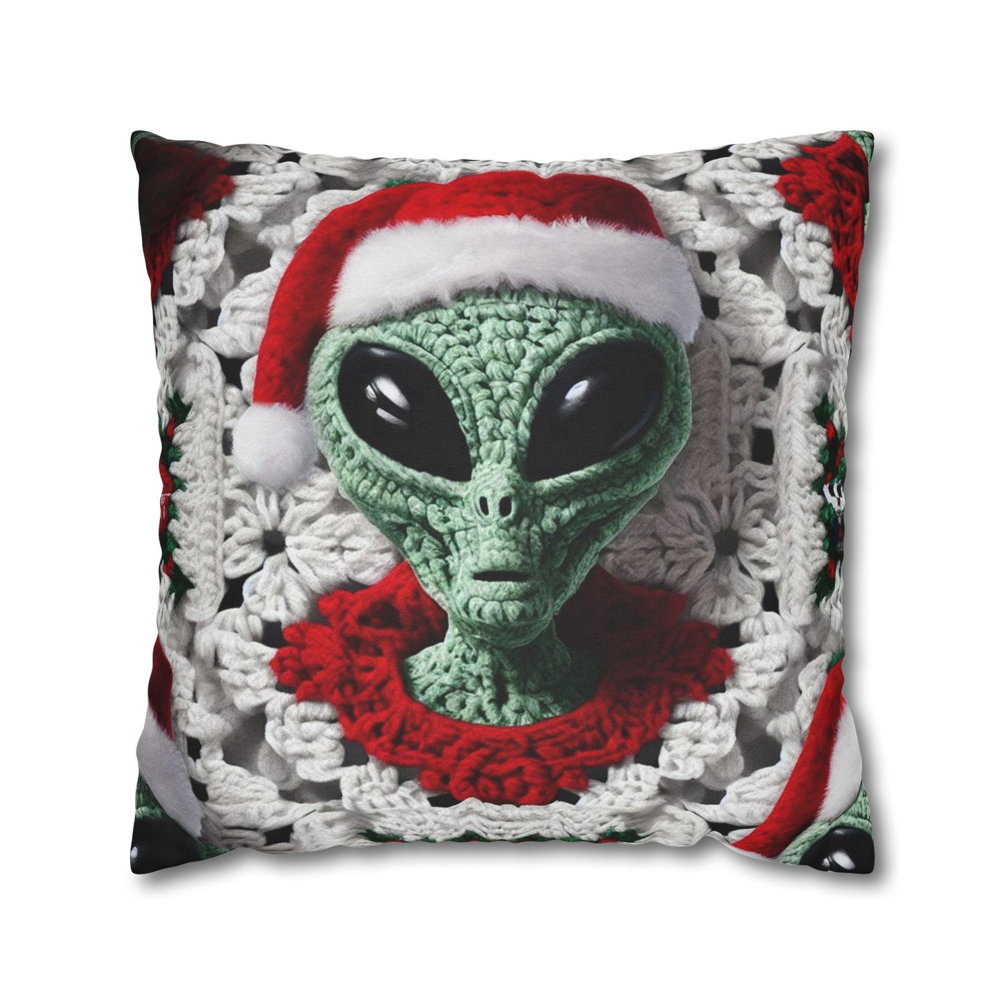 Santa's Cosmic Secret: Jolly Green Christmas Extraterrestrial with Festive Attire Crochet Art - Spun Polyester Square Pillow Case