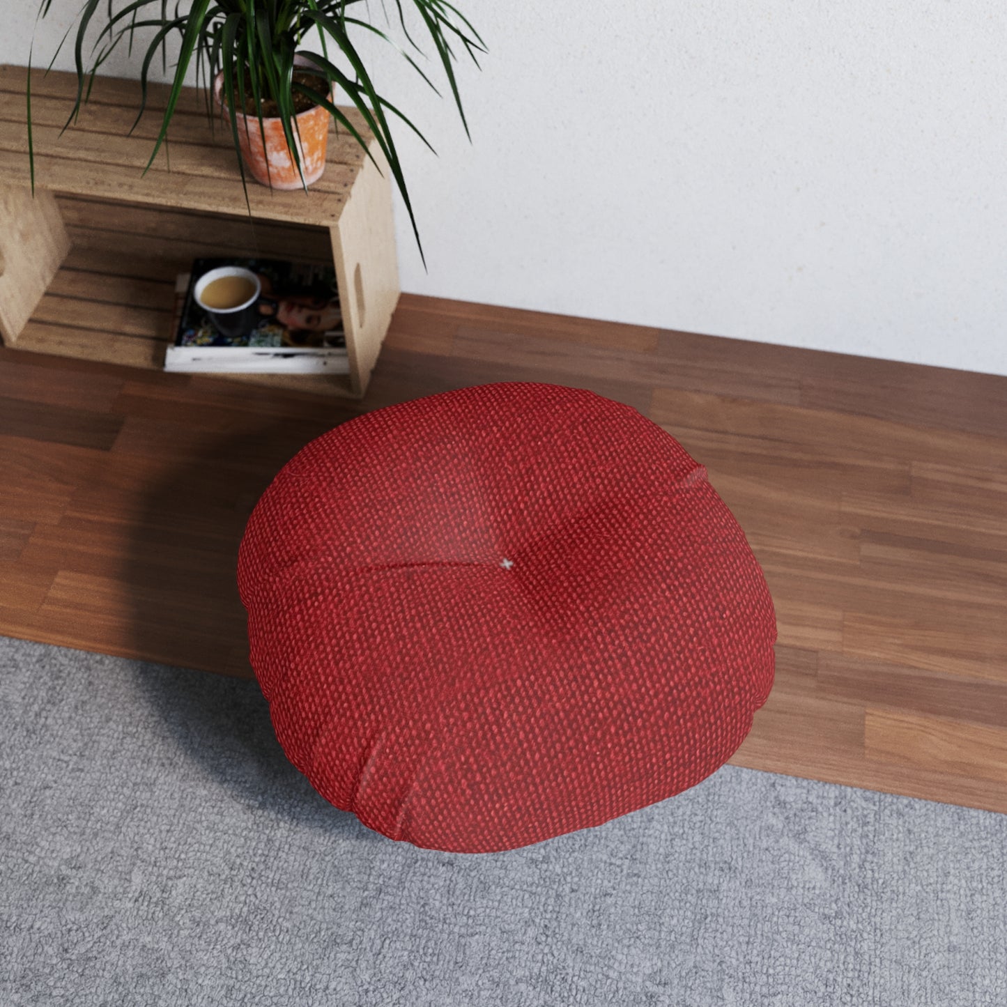 Bold Ruby Red: Denim-Inspired, Passionate Fabric Style - Tufted Floor Pillow, Round