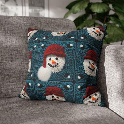 Snowman Crochet Craft, Festive Yuletide Cheer, Winter Wonderland - Spun Polyester Square Pillow Case