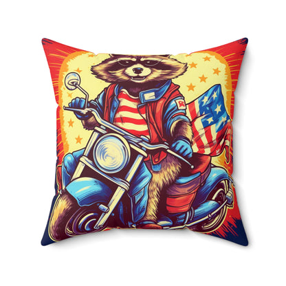 Red White and Blue American Raccoon Biker Motorcyclist Graphic Spun Polyester Square Pillow