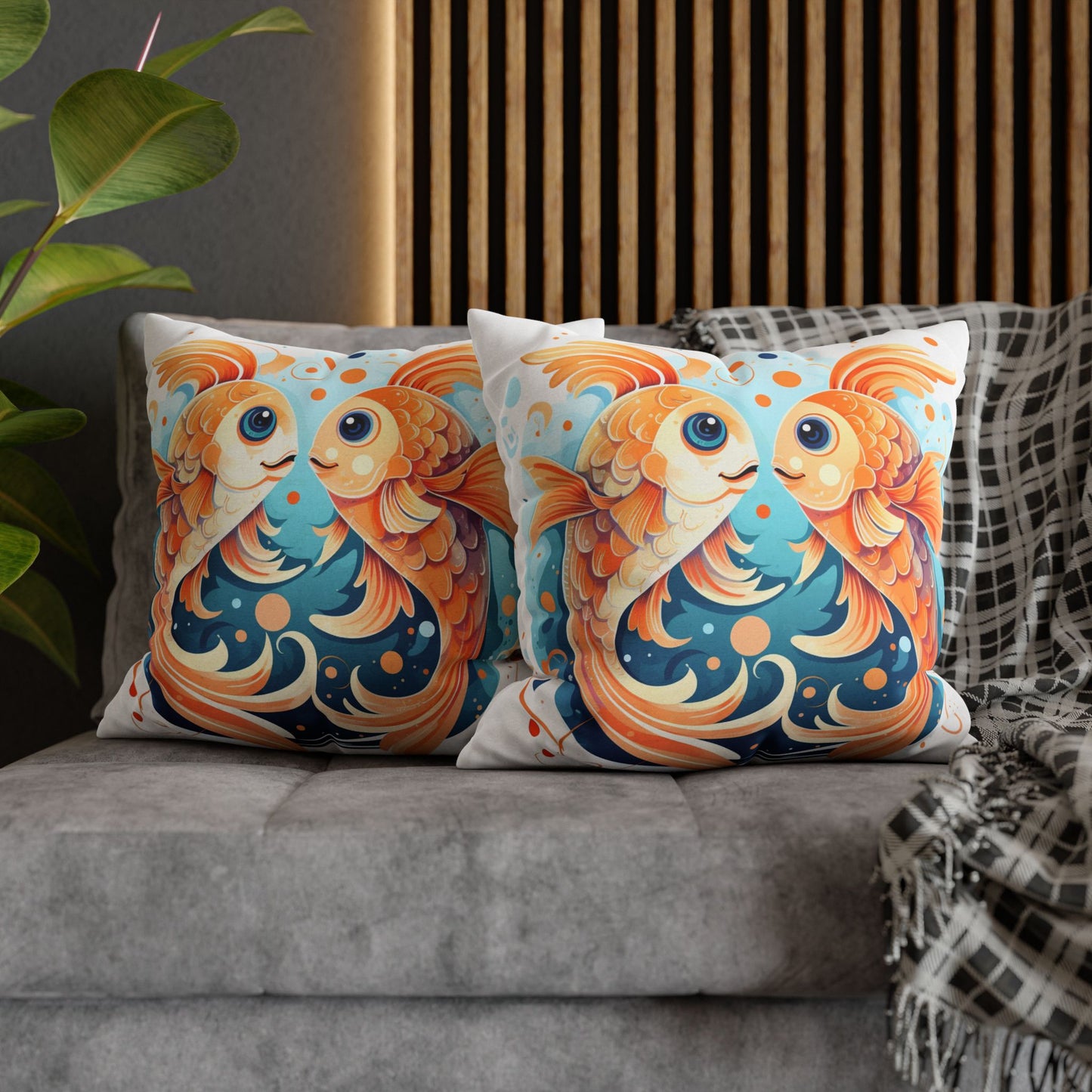 Charming Cartoon Fish Pisces - Dreamy Zodiac Illustration - Spun Polyester Square Pillow Case