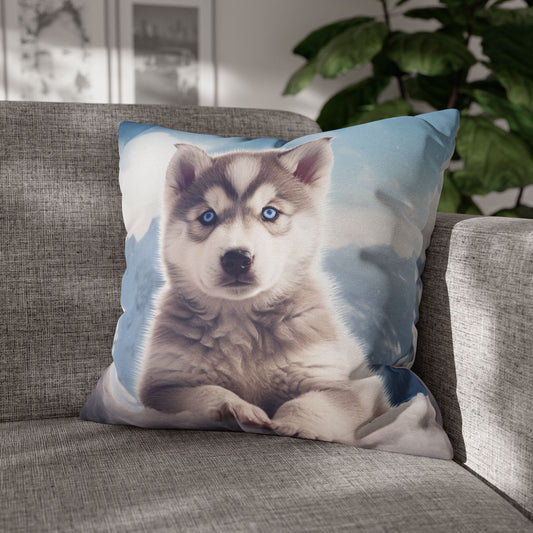 Husky Puppy Winter Wonder - Snowy Mountain Backdrop Spun Polyester Square Pillow Case