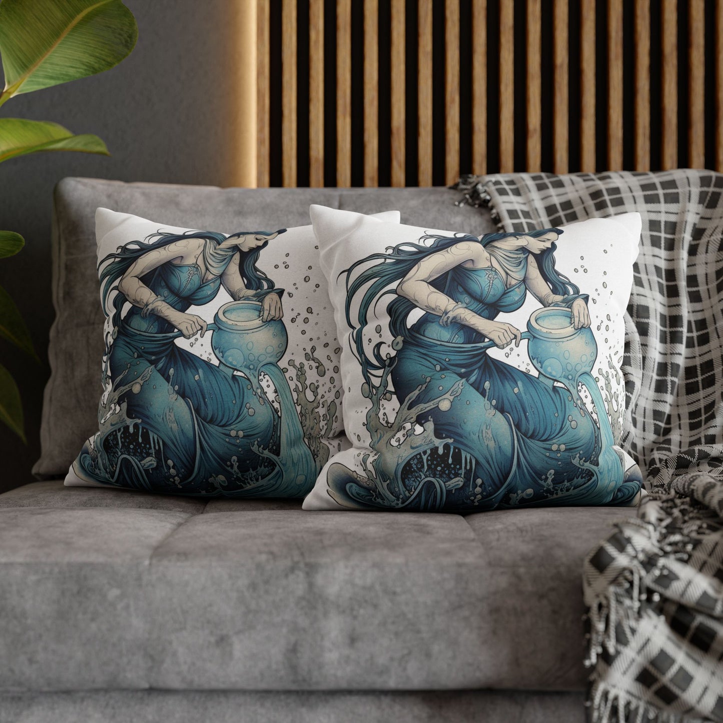 Aquarius Zodiac Symbol - Girl Pouring Water, Hand-Drawn Style - Spun Polyester Square Pillow Case