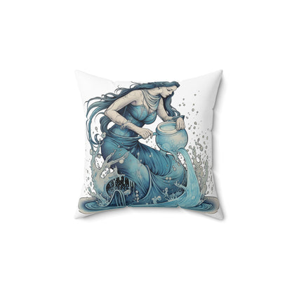 Aquarius Zodiac Symbol - Girl Pouring Water, Hand-Drawn Style - Spun Polyester Square Pillow