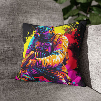 Paintball Action Sport: Player in Battle, Paint Splatter - Spun Polyester Square Pillow Case