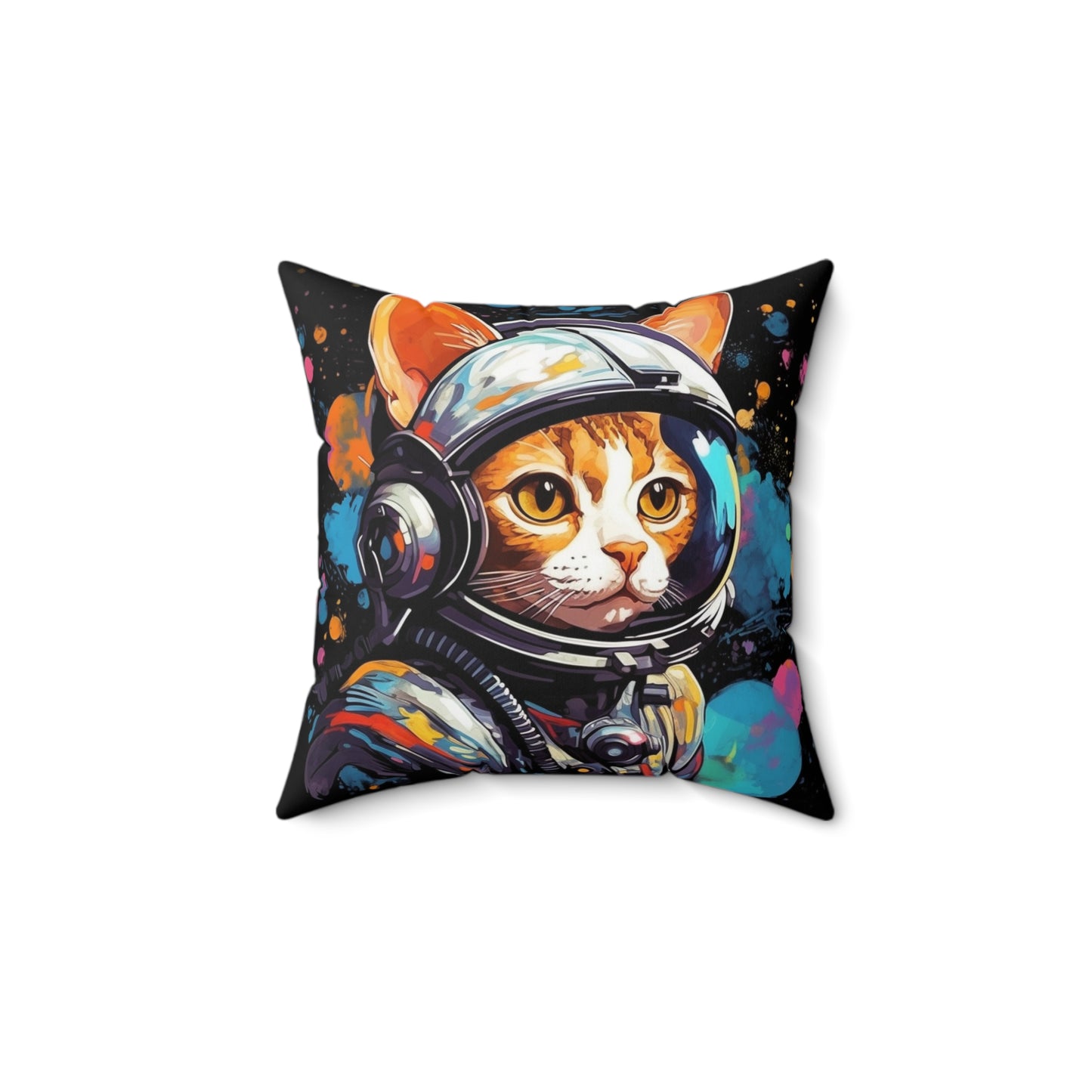 Astro Cat Adventure Feline - Pop Art, Floating in Cosmic Space - Spun Polyester Square Pillow