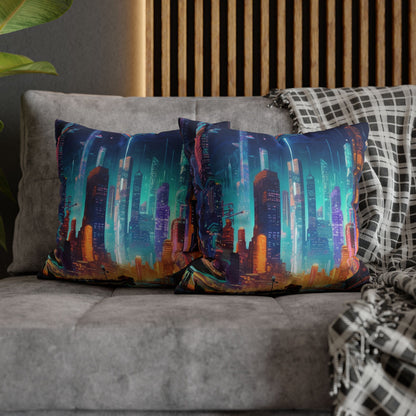 Futuristic Neon Cyberpunk Cityscape Art Design Spun Polyester Square Pillow Case