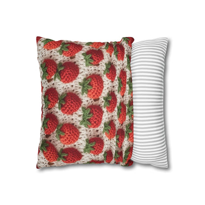 Strawberry Traditional Japanese, Crochet Craft, Fruit Design, Red Berry Pattern - Spun Polyester Square Pillow Case