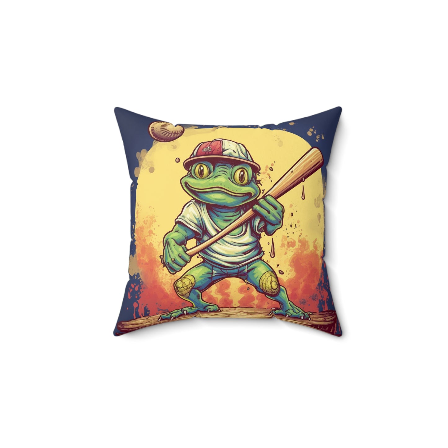 Frog Baseball Sport Athletic Swamp Creature Game Graphic Spun Polyester Square Pillow