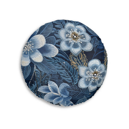 Flower Blossom Embroidery Floral on Denim Style - Tufted Floor Pillow, Round