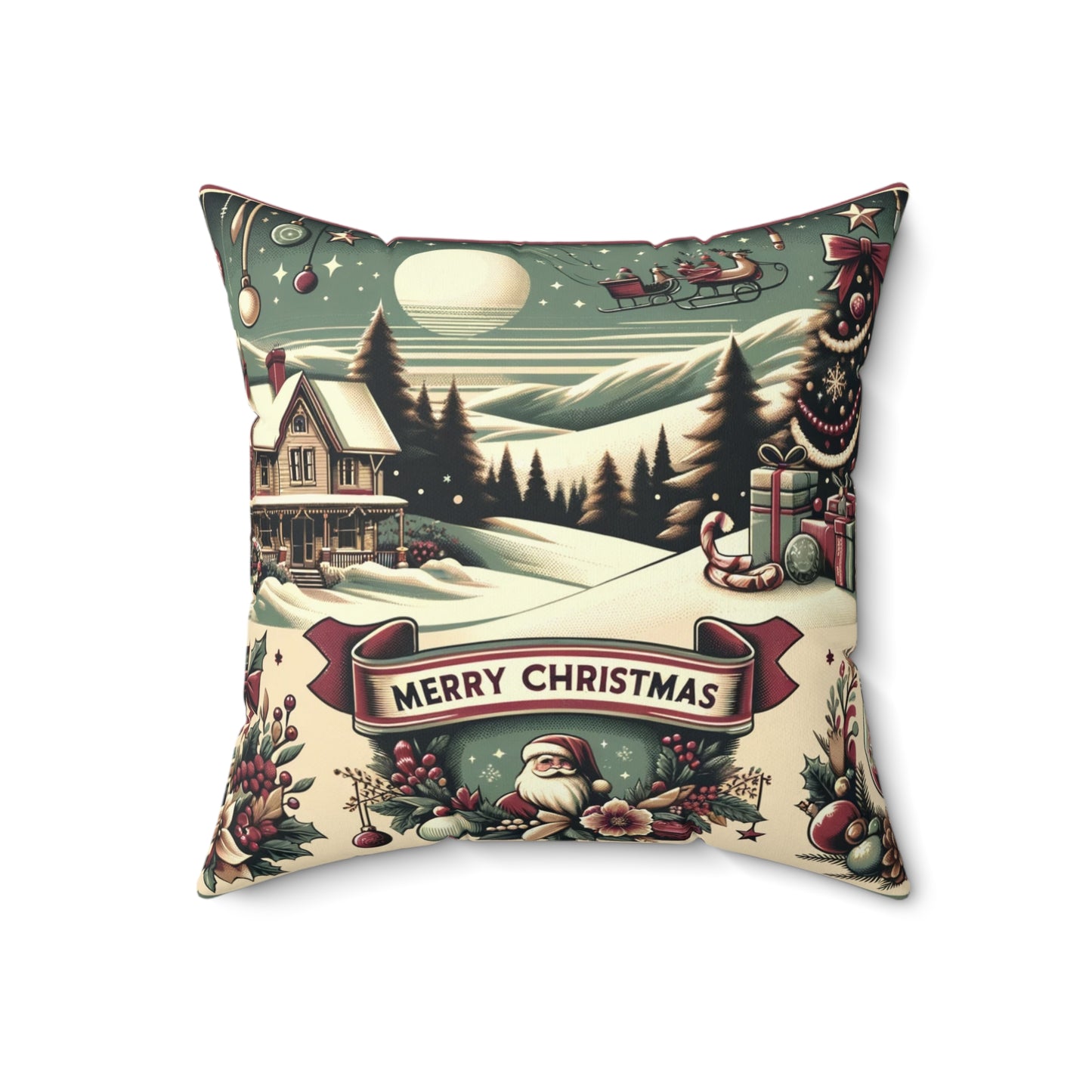 Holiday Charm: Classic Retro Christmas Scene with Santa - 1950s Nostalgic - Spun Polyester Square Pillow